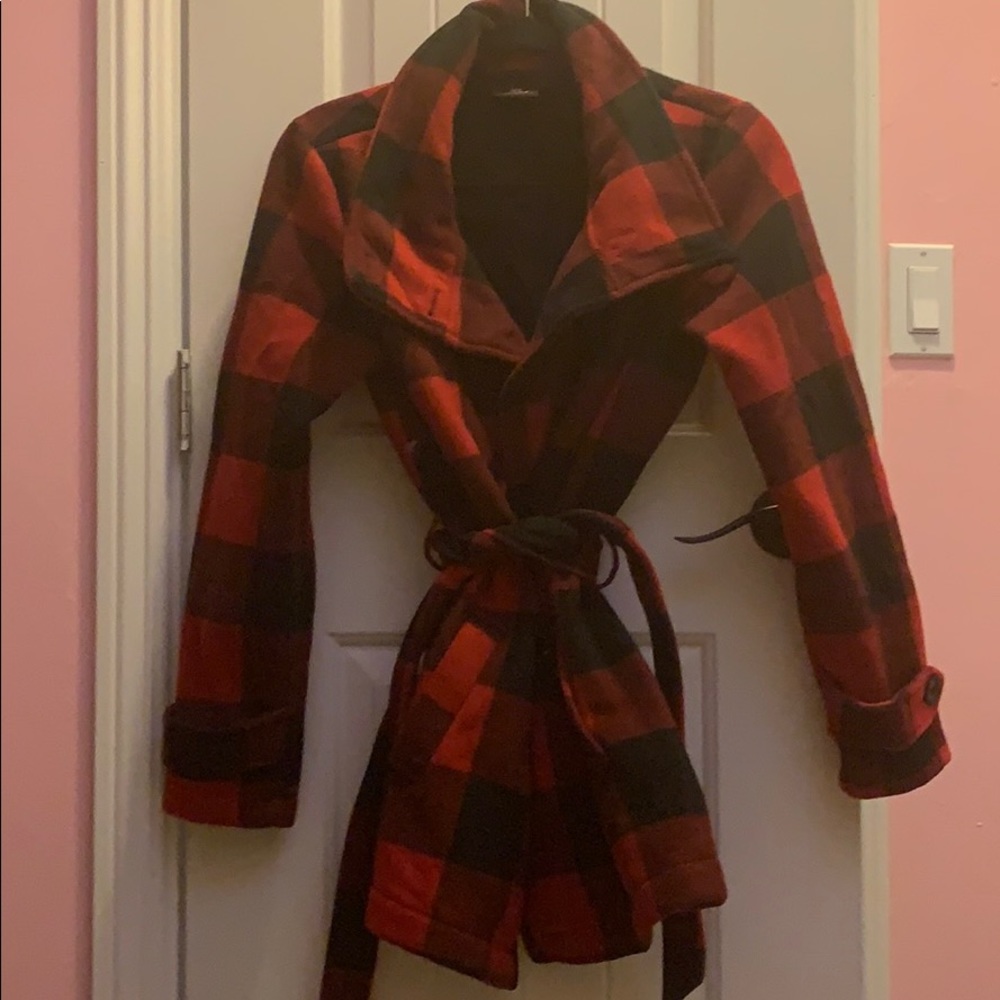 Red and black pea coat